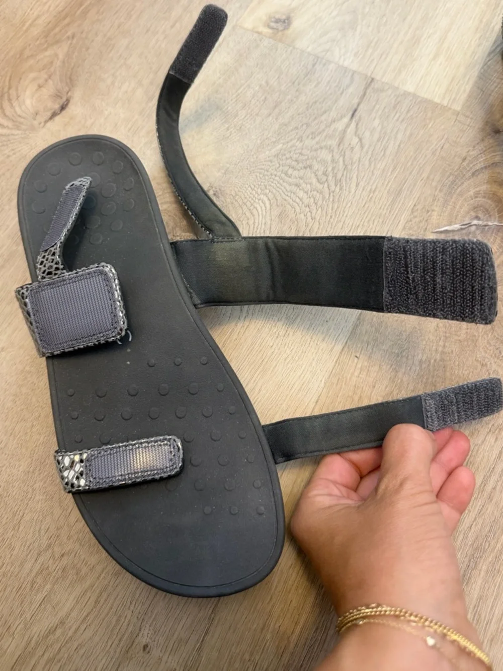 VIONIC Metallic Snake-Print Velcro Strap Sandals - Silver/Black